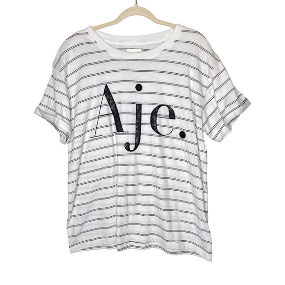 NWOT Aje Classic Embellished Logo Tee Spellout Beaded Graphic T Striped L - Picture 2 of 12